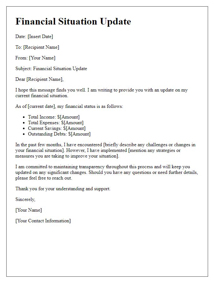 Letter template of financial situation update