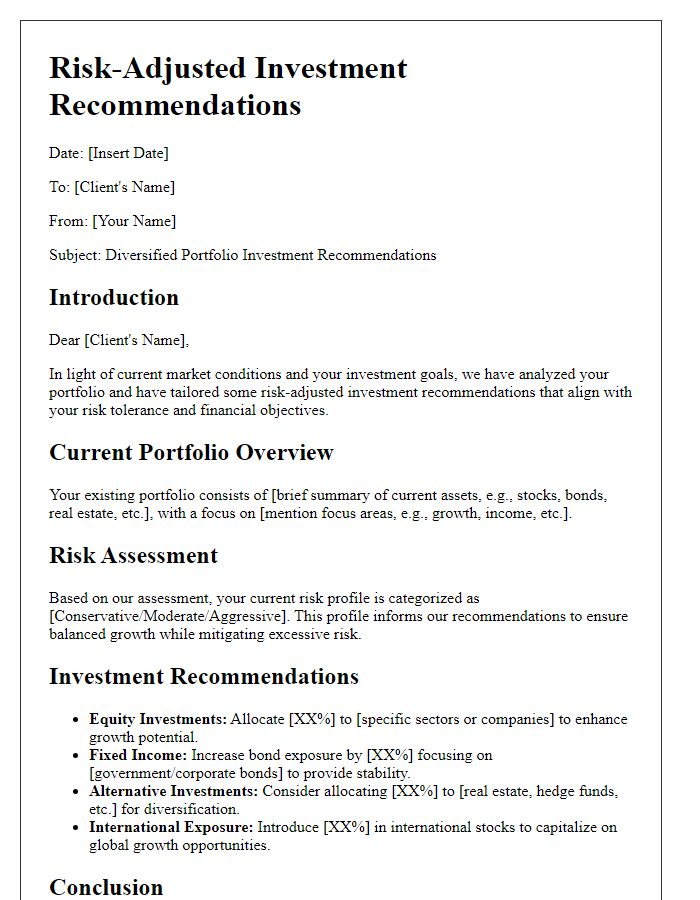 Letter template of risk-adjusted investment recommendations for diverse portfolios