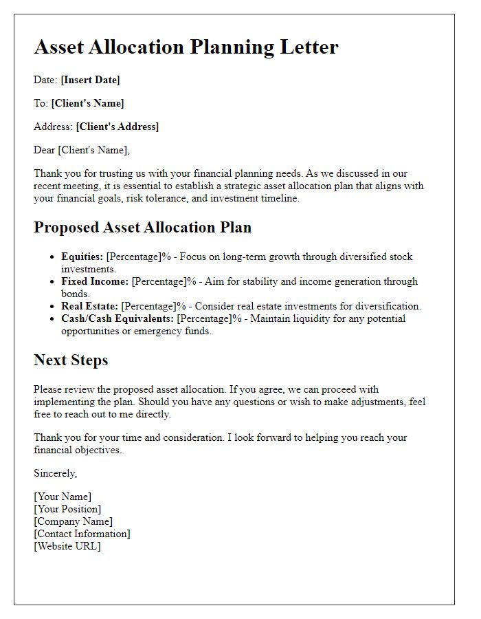 Letter template of asset allocation planning