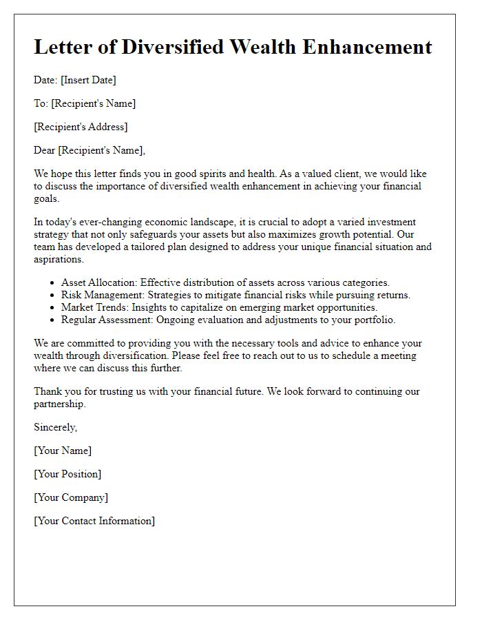 Letter template of diversified wealth enhancement