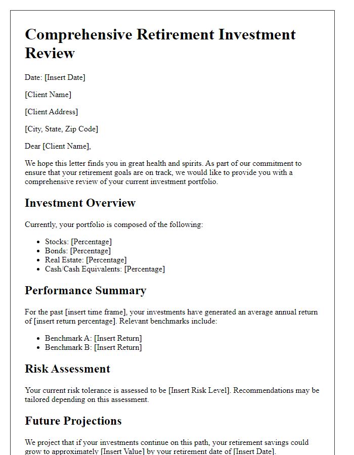 Letter template of comprehensive retirement investment review