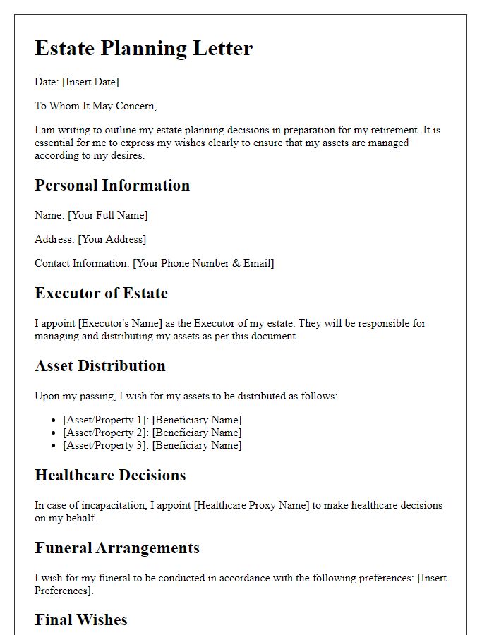 Letter template of estate planning for retirement