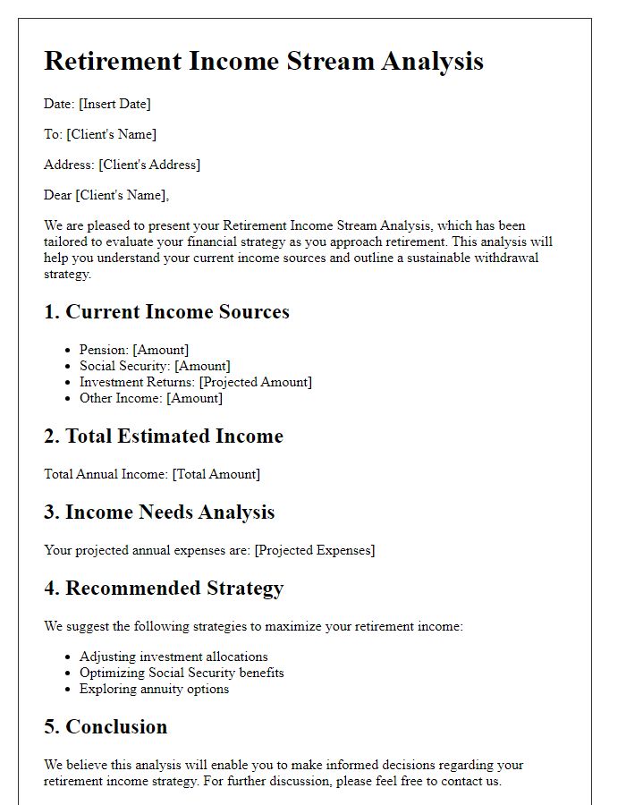 Letter template of retirement income stream analysis