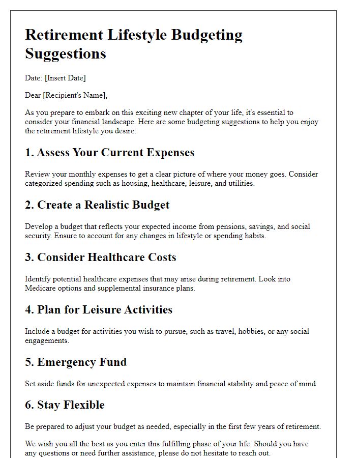 Letter template of retirement lifestyle budgeting suggestions