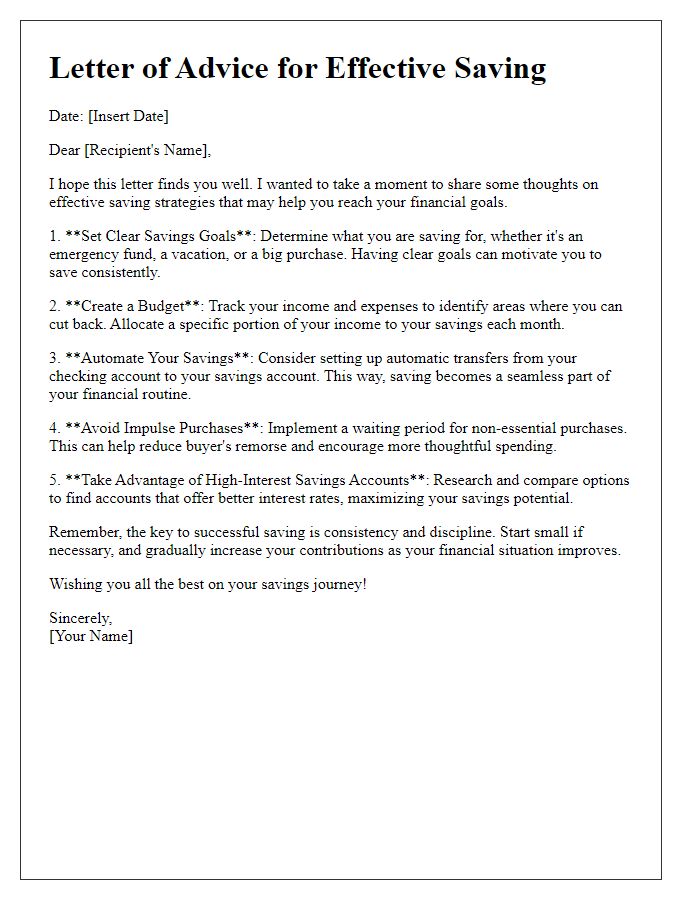 Letter template of advice for effective saving