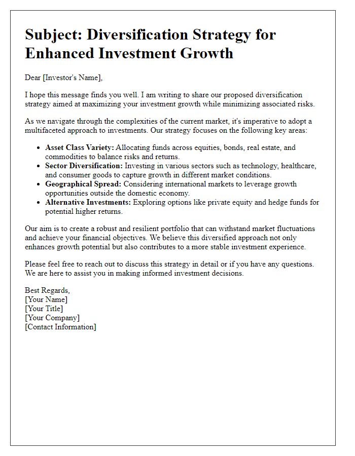 Letter template of diversification strategy in investment.