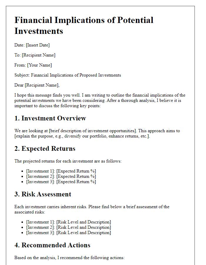 Letter template of financial implications of potential investments.