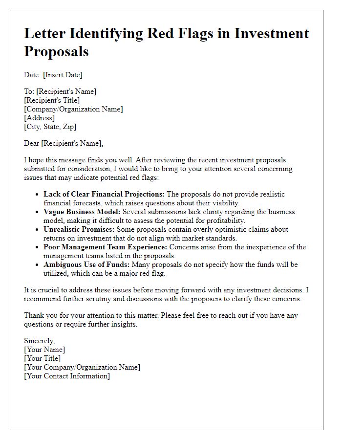 Letter template of identifying red flags in investment proposals.