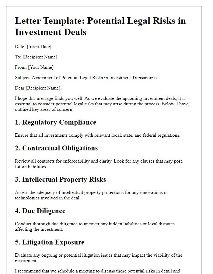 Letter template of potential legal risks in investment deals.