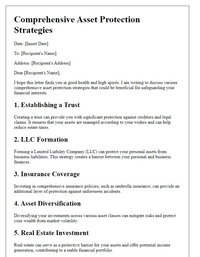 Letter template of comprehensive asset protection strategies