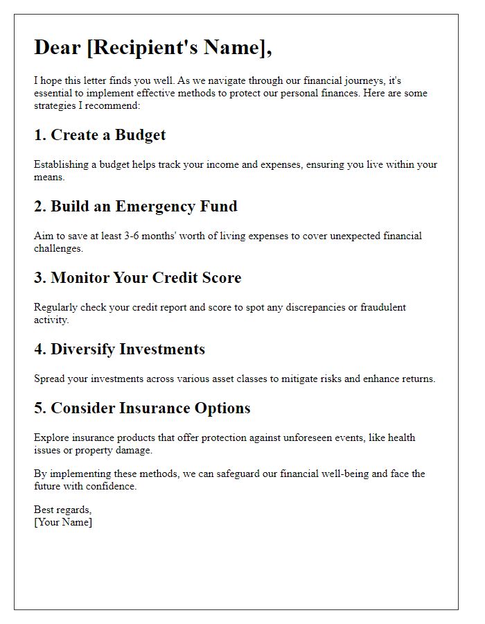 Letter template of personal finance protection methods