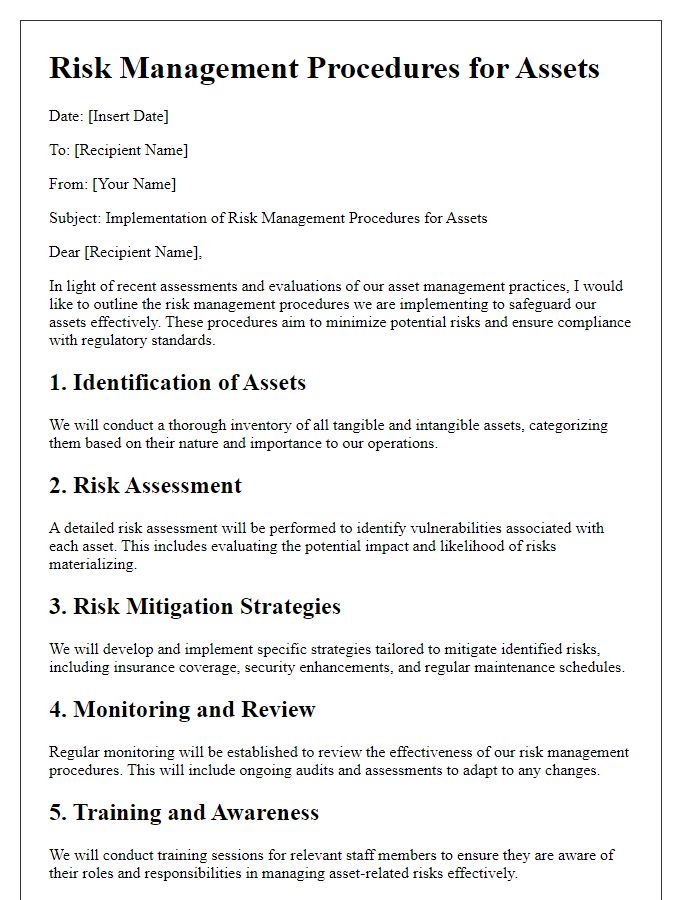 Letter template of risk management procedures for assets