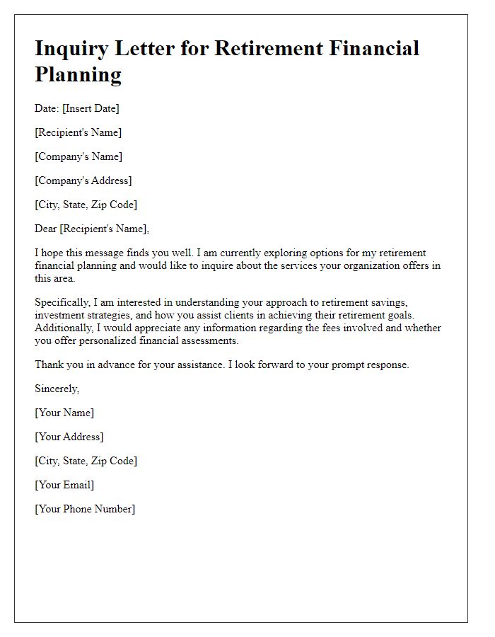 Letter template of inquiry into retirement financial planning