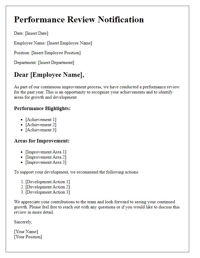 Letter template of performance review for continuous improvement