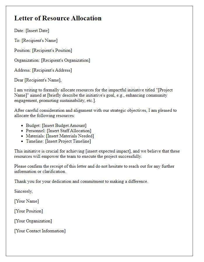 Letter template of resource allocation for impactful initiatives