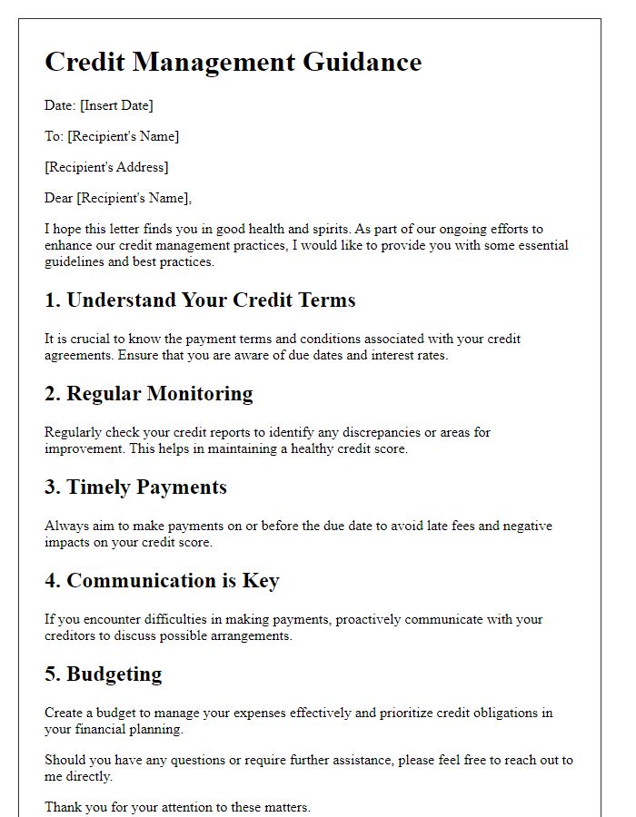 Letter template of guiding credit management