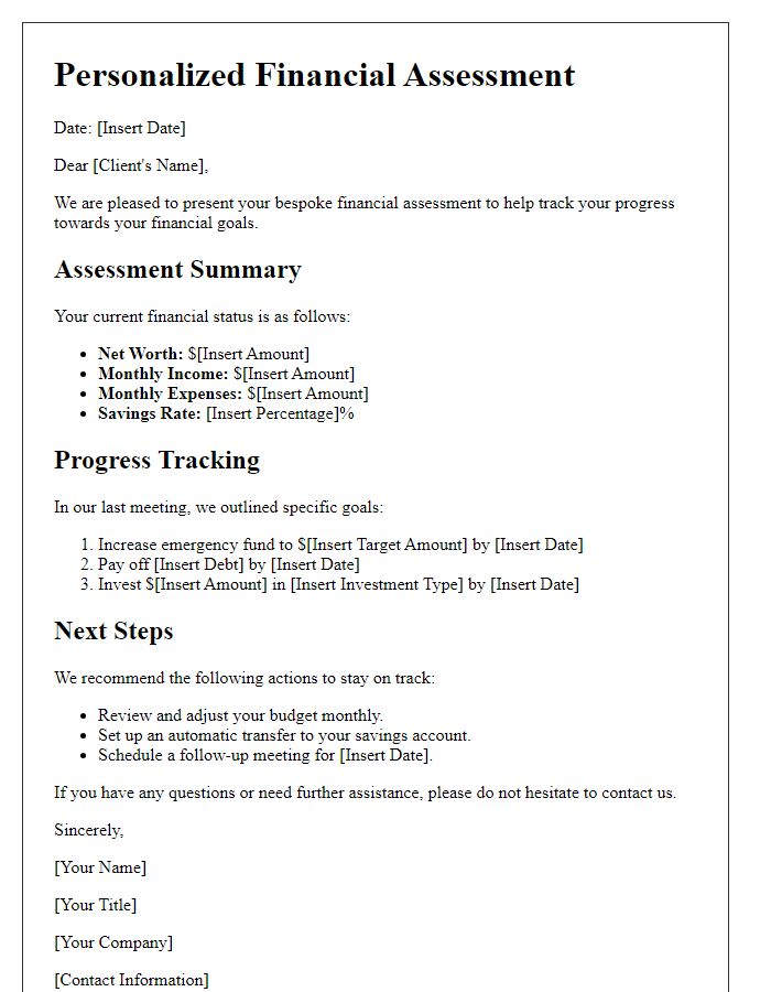 Letter template of bespoke financial assessments to track your progress.