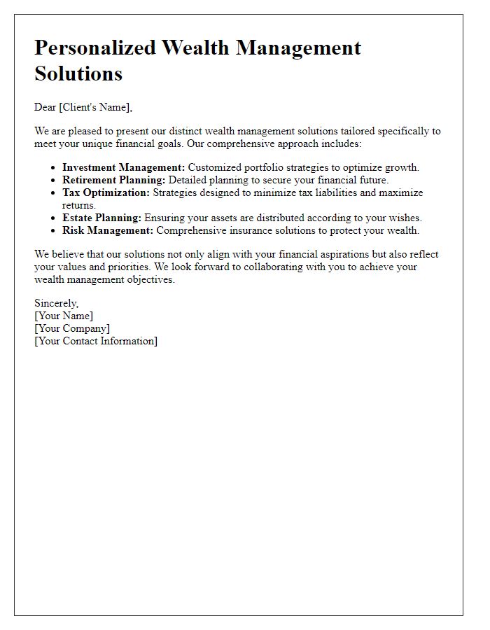 Letter template of distinct wealth management solutions for your specific goals.