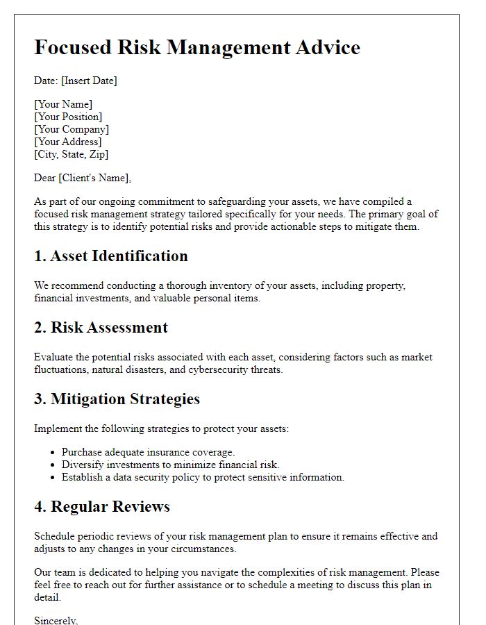 Letter template of focused risk management advice to protect your assets.