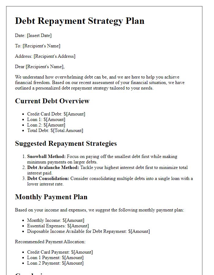 Letter template of individualized debt repayment strategies for financial freedom.