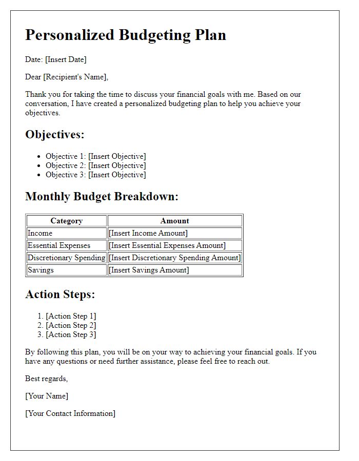 Letter template of personalized budgeting plans to achieve your objectives.