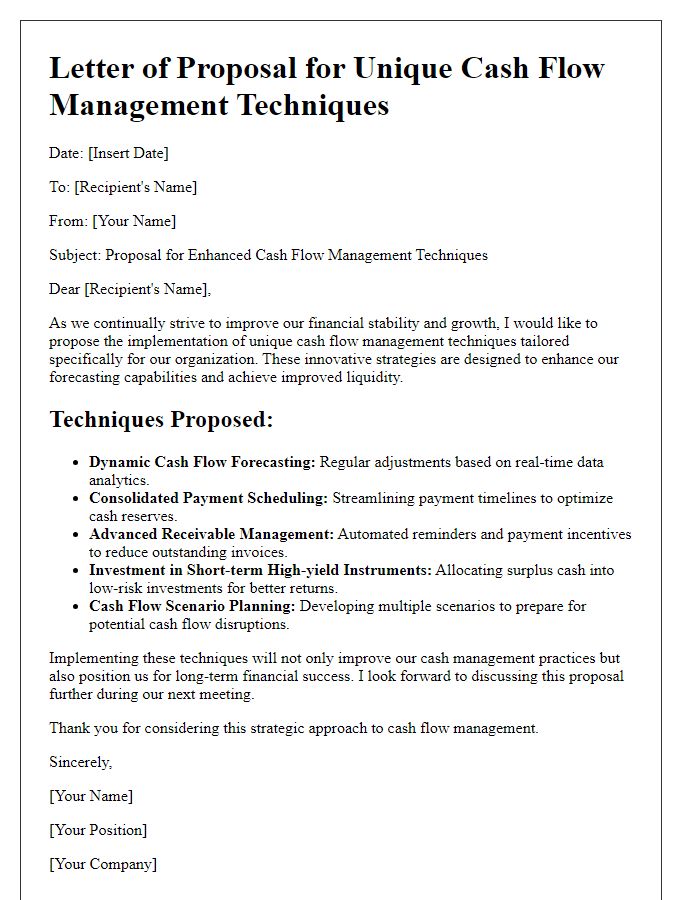 Letter template of unique cash flow management techniques for enhanced stability.