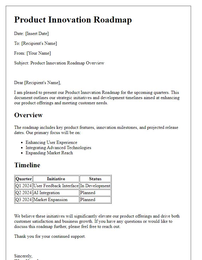 Letter template of product innovation roadmap