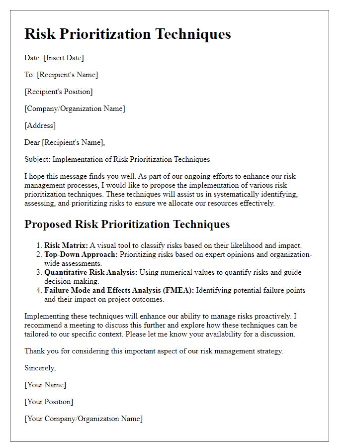 Letter template of risk prioritization techniques