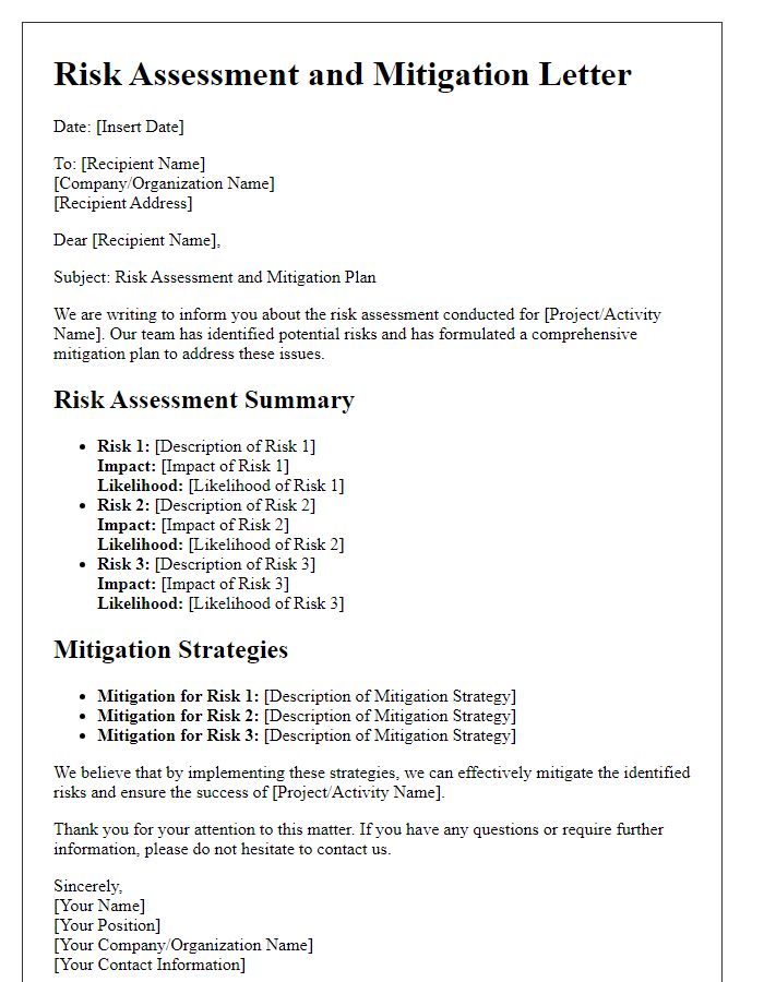 Letter template of risk assessment and mitigation