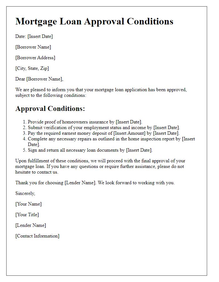 Letter template of mortgage loan approval conditions