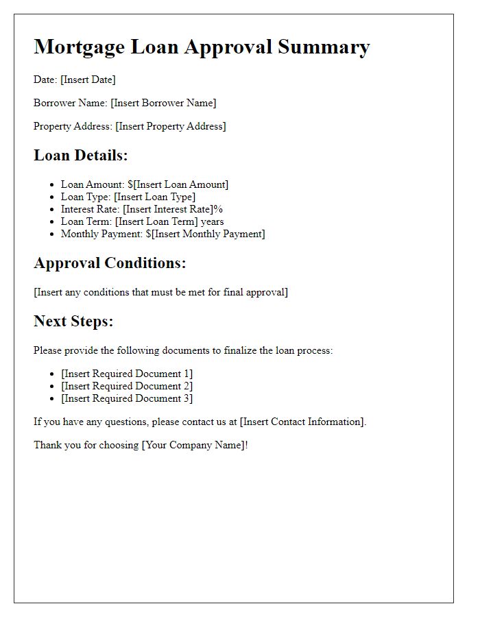 Letter template of mortgage loan approval summary