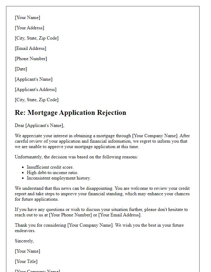 Letter template of mortgage application rejection letter.