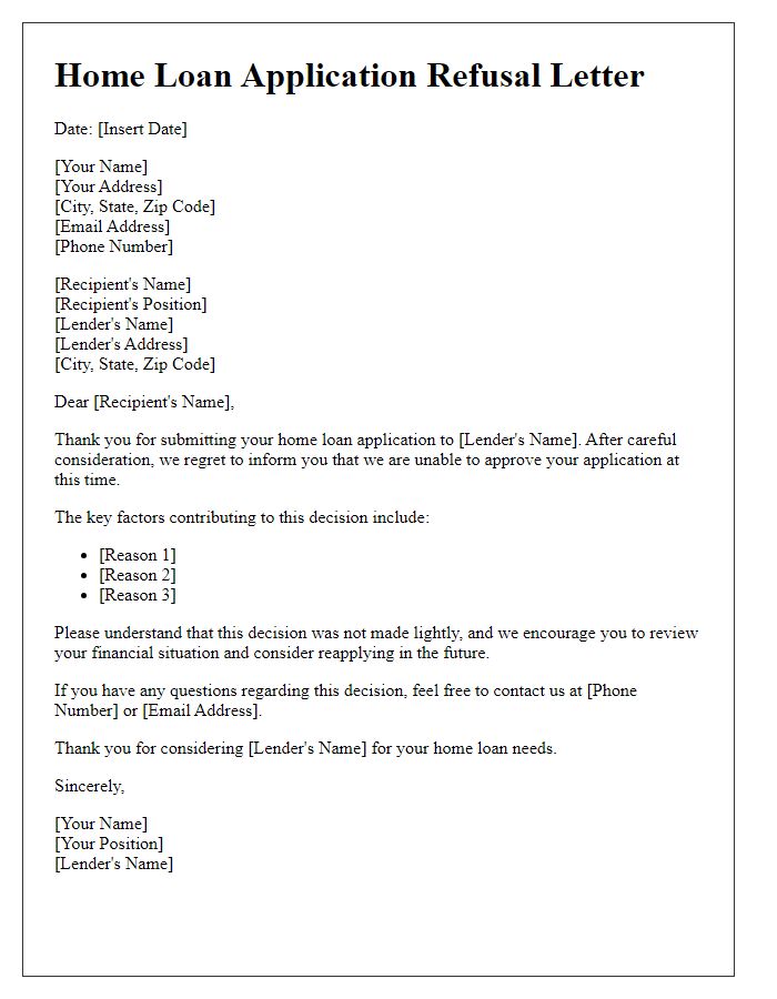 Letter template of refusal for home loan application.