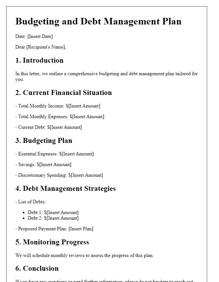 Letter template of budgeting and debt management outline