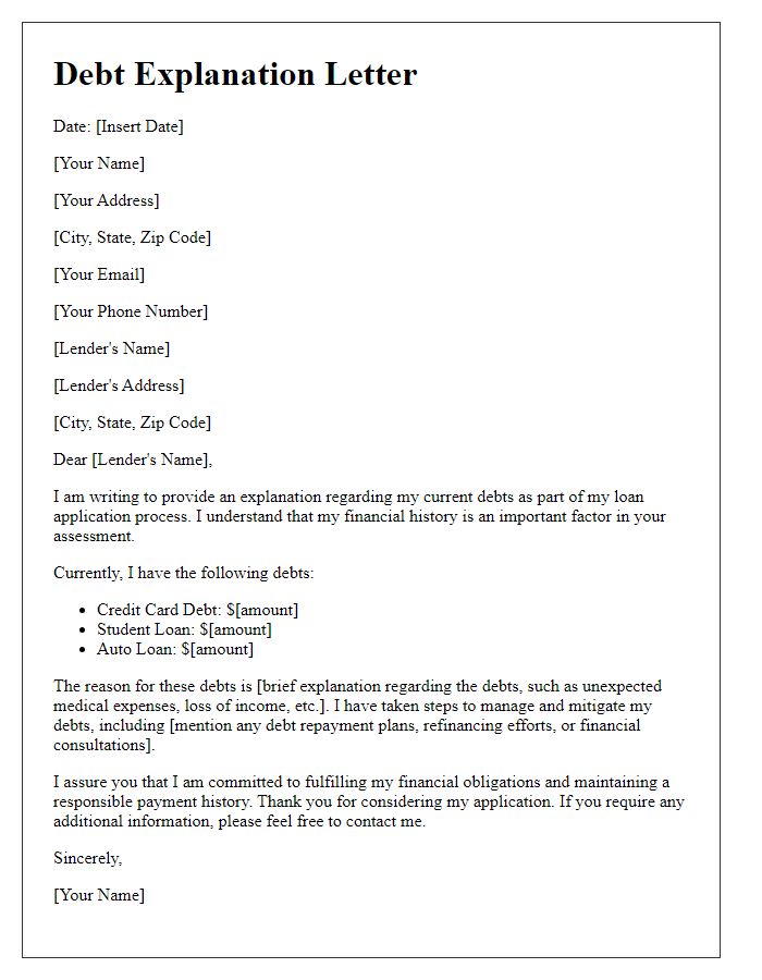 Letter template of debt explanation for loan application