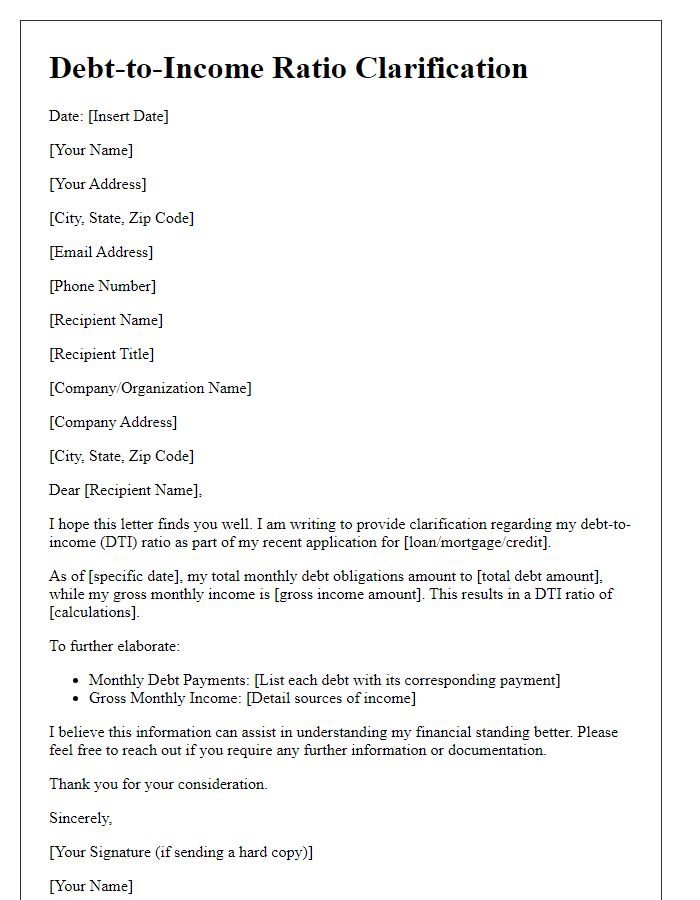 Letter template of debt-to-income ratio clarification