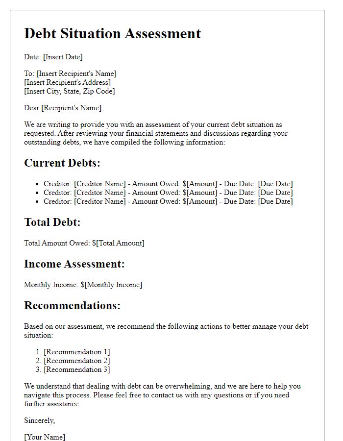 Letter template of debt situation assessment