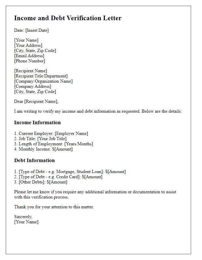 Letter template of income and debt verification