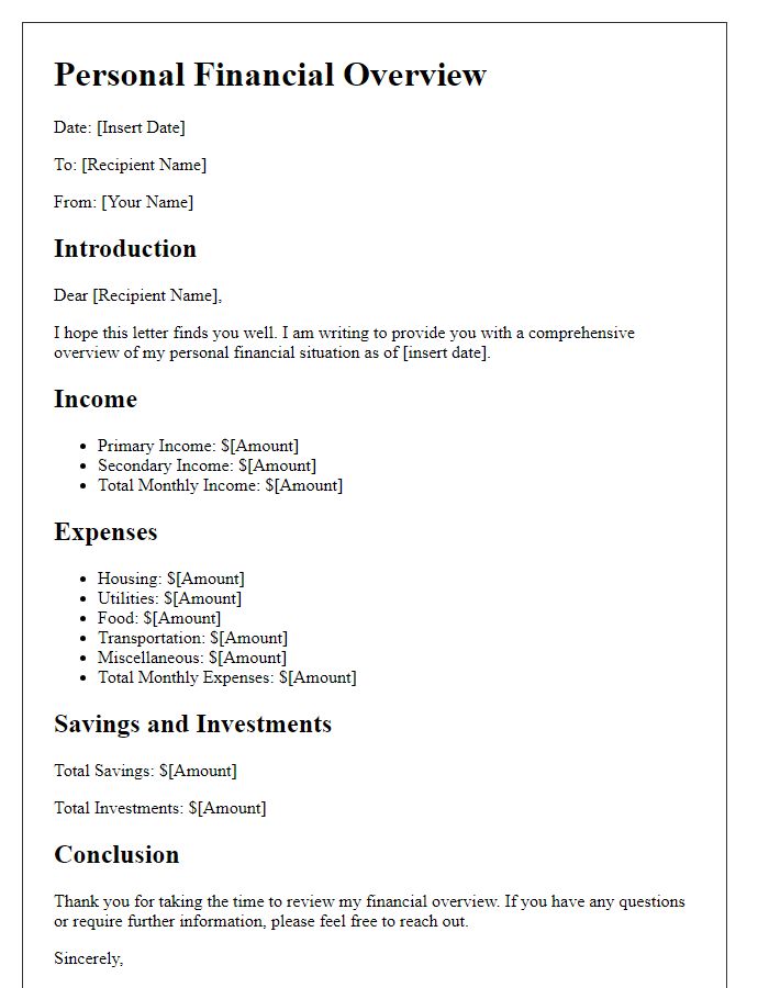 Letter template of personal financial overview