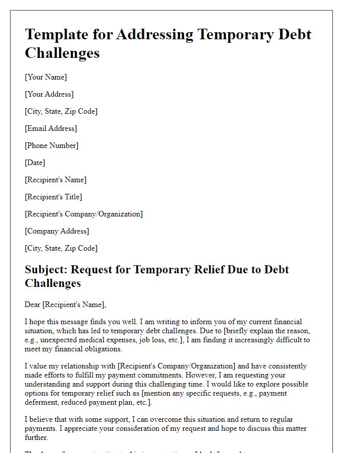 Letter template of temporary debt challenges