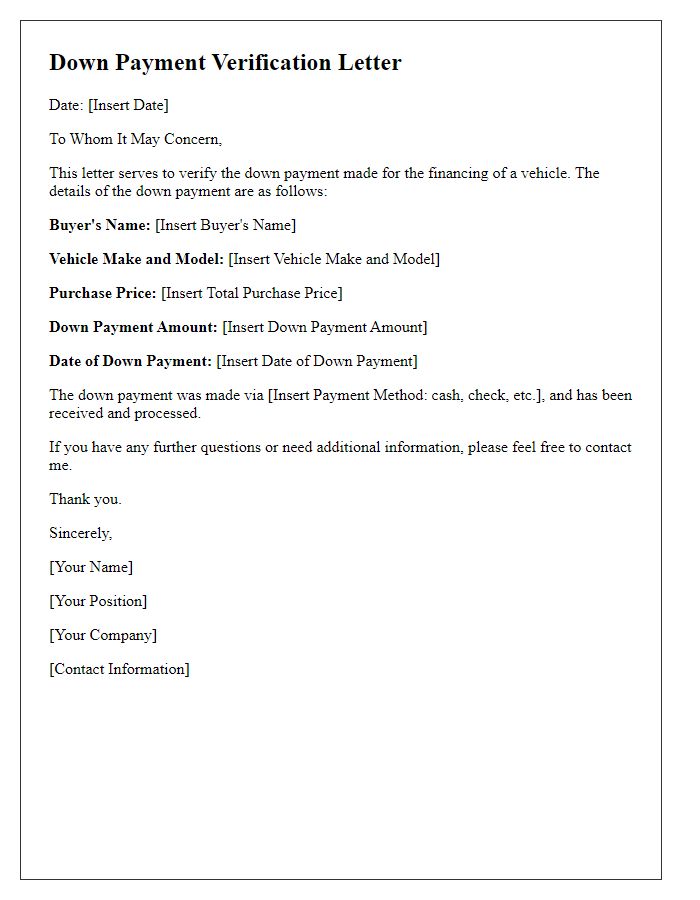 Letter template of down payment verification for car financing