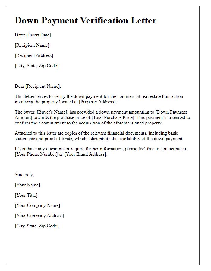 Letter template of down payment verification for commercial real estate