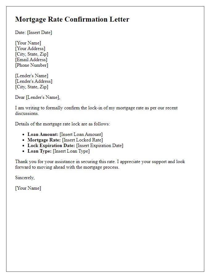 Letter template of confirmation for locked mortgage rate