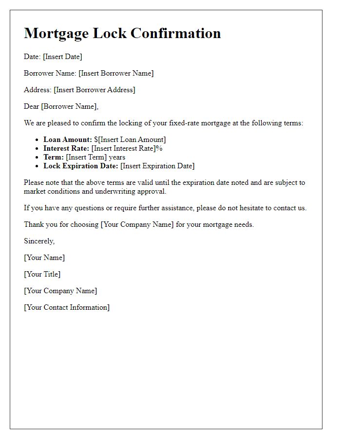 Letter template of fixed-rate mortgage lock confirmation