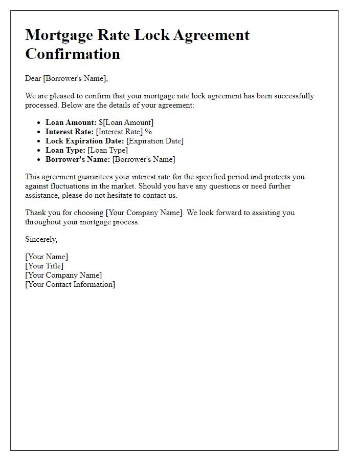 Letter template of mortgage rate lock agreement confirmation