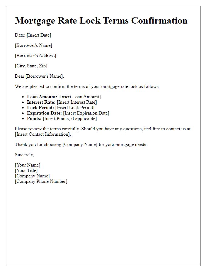 Letter template of mortgage rate lock terms confirmation