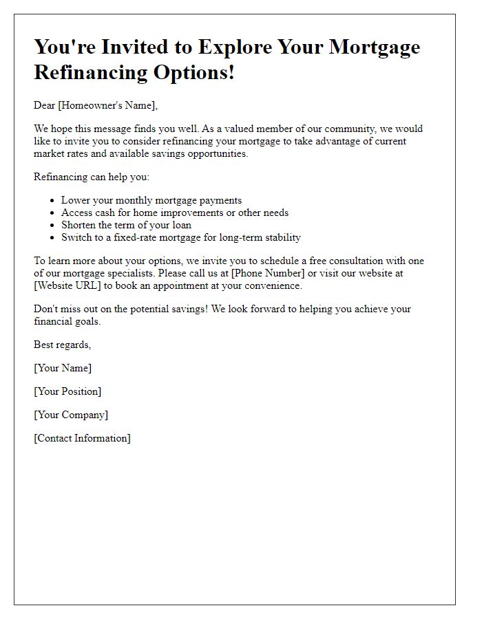 Letter template of mortgage refinancing invitation