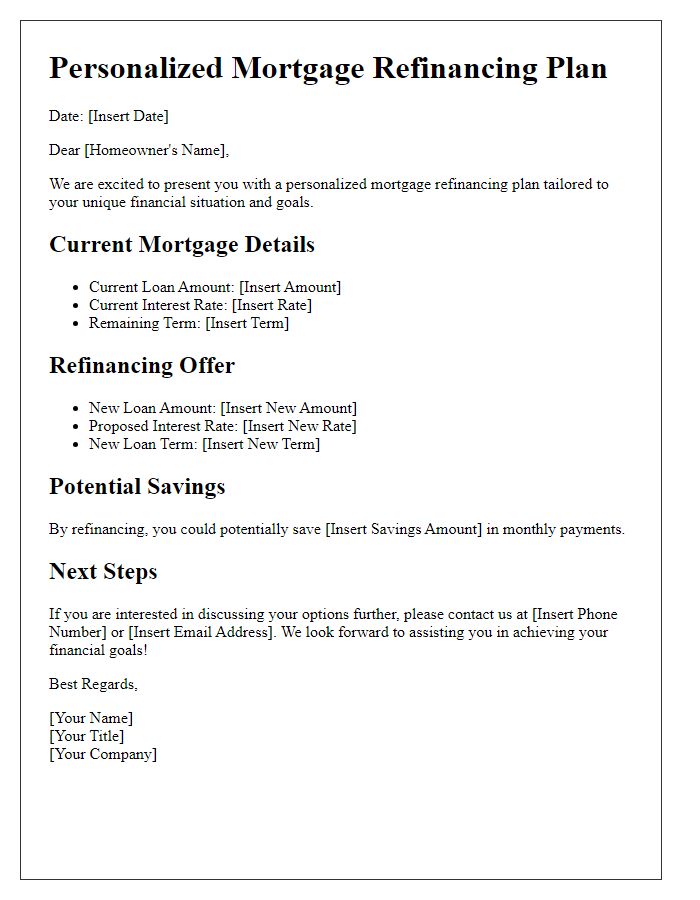 Letter template of personalized mortgage refinancing plan