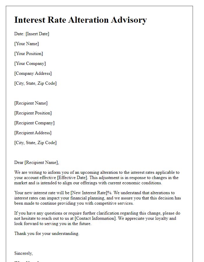 Letter template of interest rate alteration advisory