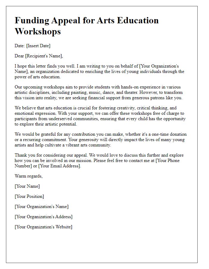 Letter template of funding appeal for arts education workshops